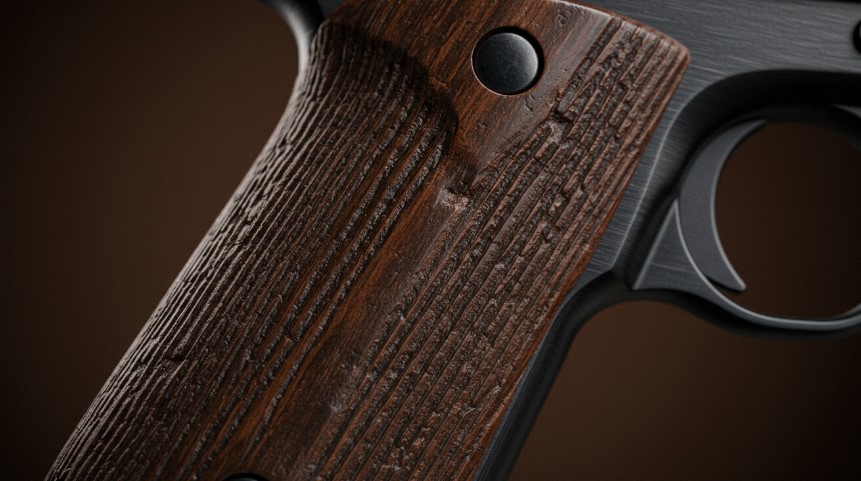 Close-up of a gun featuring wooden grips