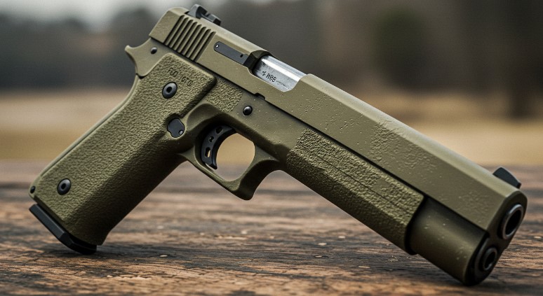 A green handgun rests on a wooden table