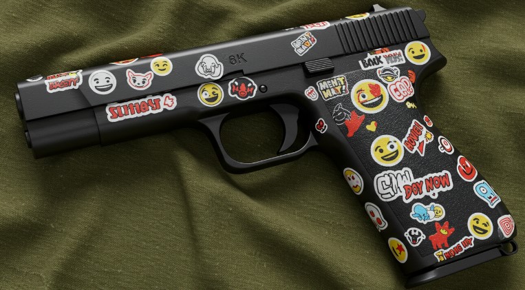 A gun covered in various stickers