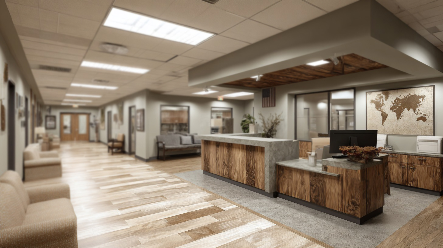 A modern and clean wellness center lobby with wood accents, a reception desk and comfortable seating along the hallway
