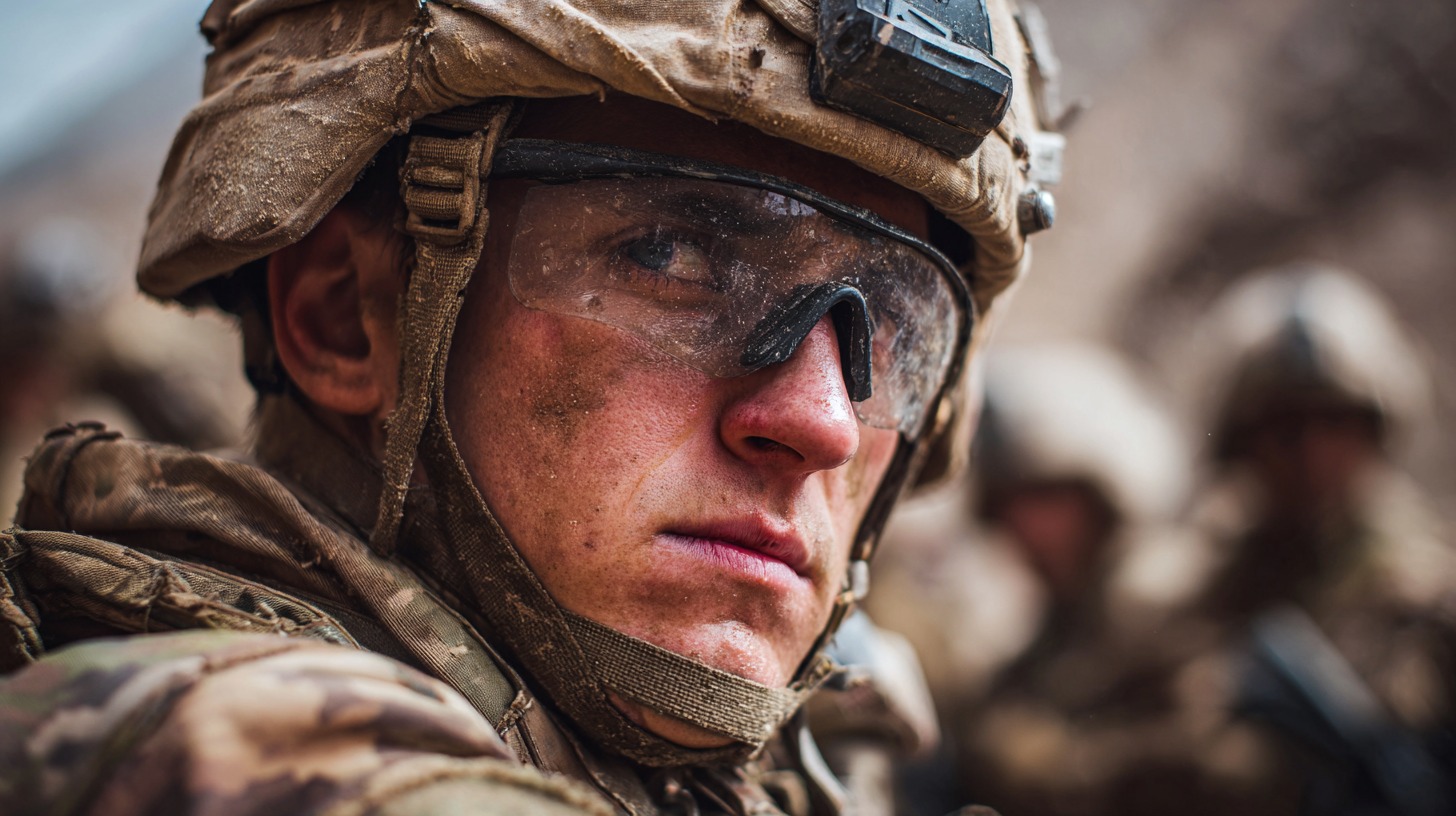 Close-up of a soldier wearing tactical gear, goggles, and a helmet, with dust on his face and other soldiers blurred in the background
