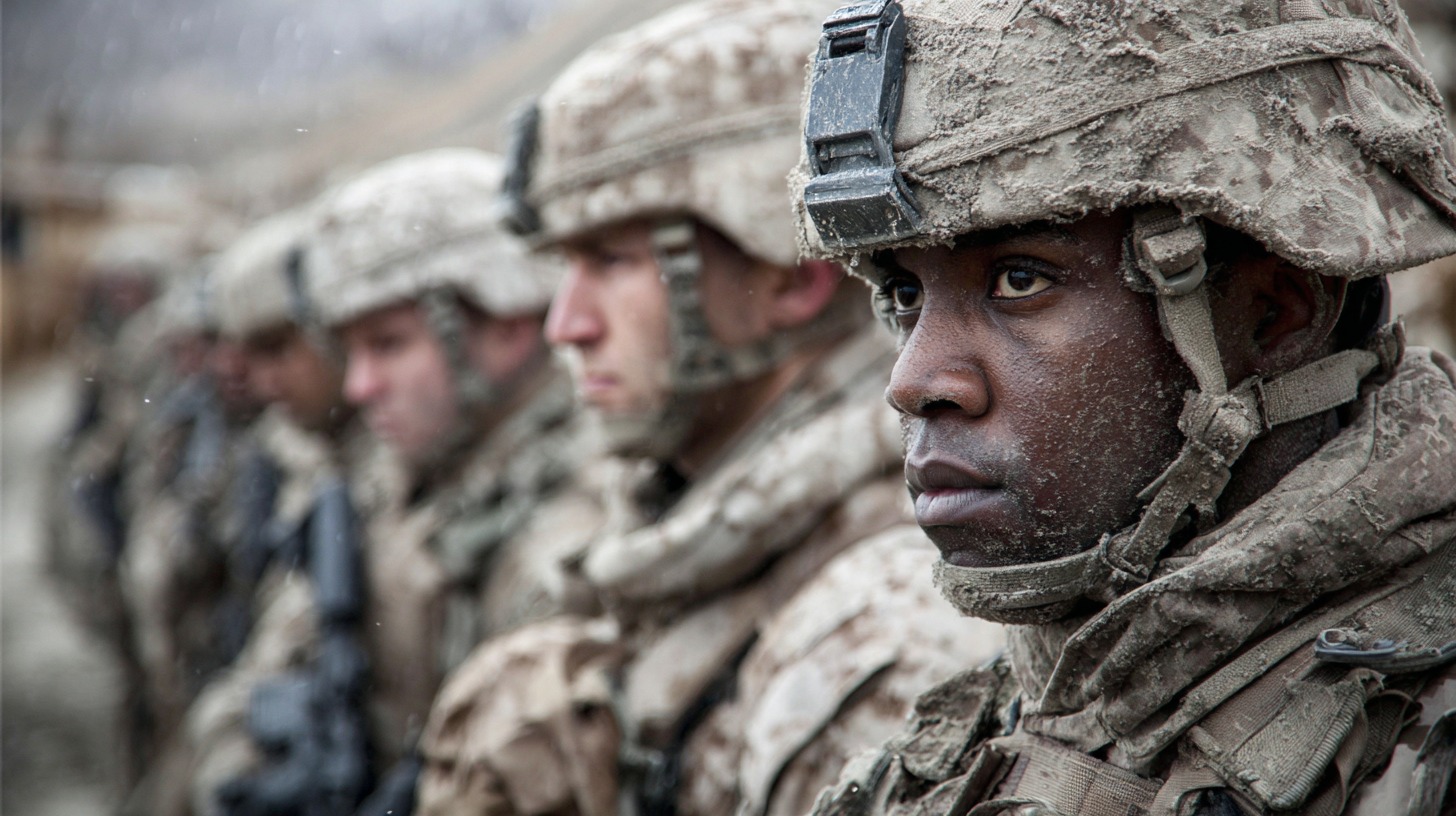 A row of soldiers in full gear standing in formation, with one soldier in the foreground covered in dust and looking ahead with focus