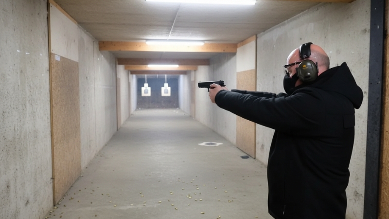 Man wearing a tightly fitted anti-pollution mask and ear protection while shooting at an indoor range